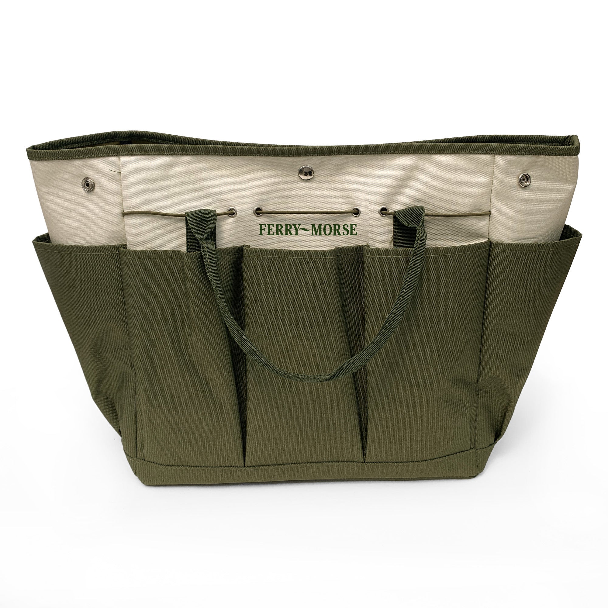 A green and beige Ferry-Morse garden tool bag with multiple pockets and a drawstring closure.